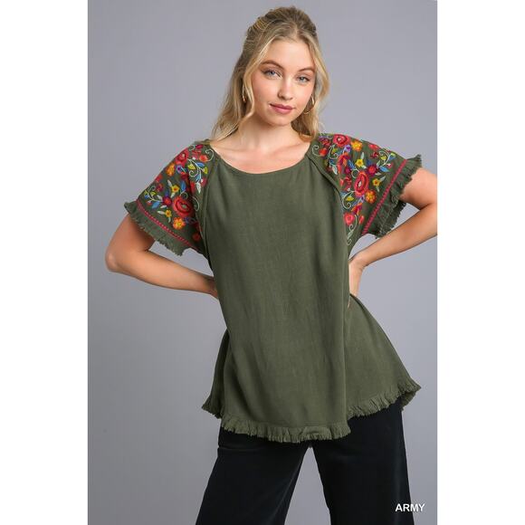 Umgee Tops - Umgee / Embroidered Sleeve Linen Top / Boho Floral Tunic Top / Plus Size